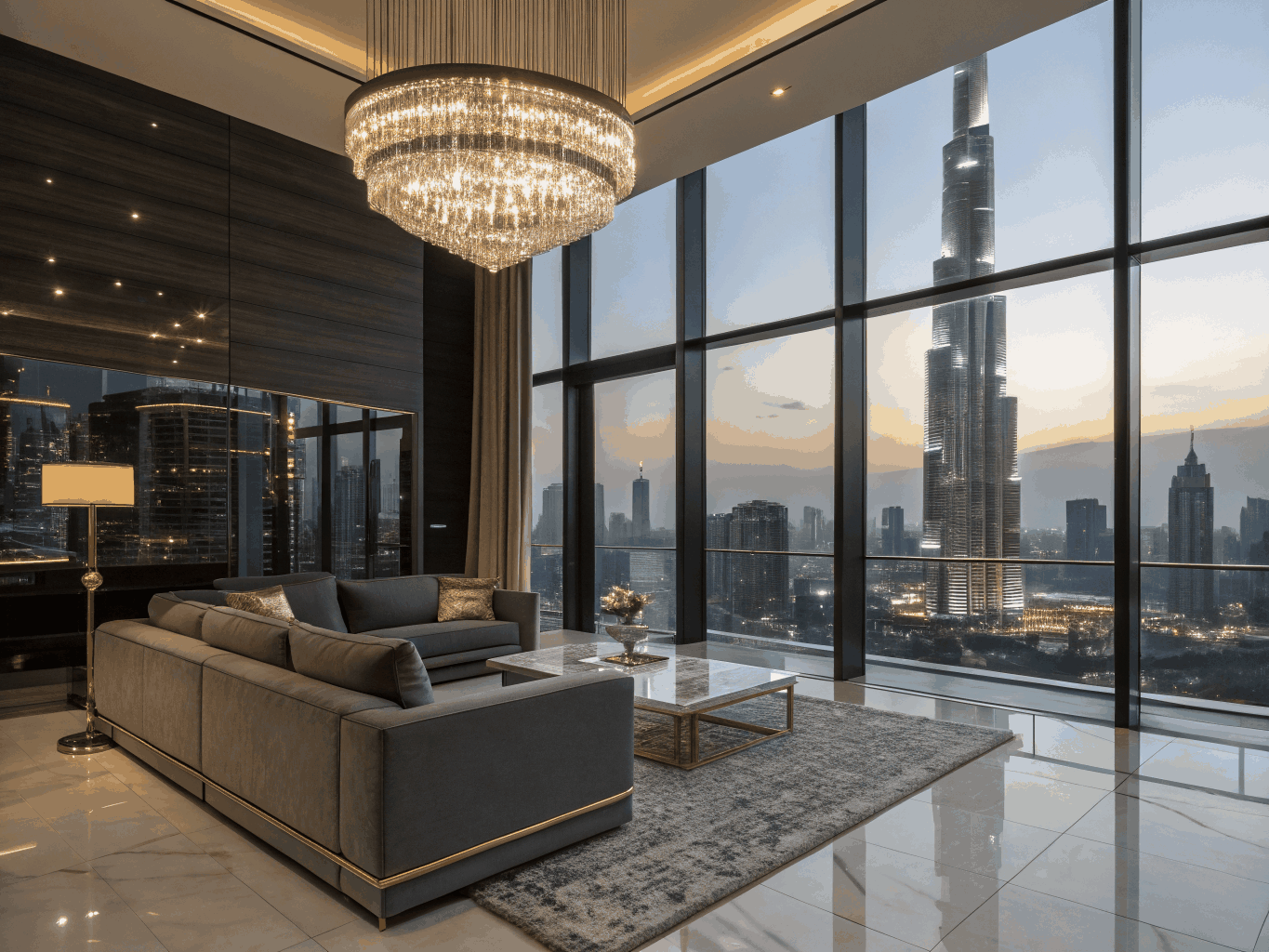 Sunlit living space in a Downtown Dubai penthouse overlooking the city skyline
