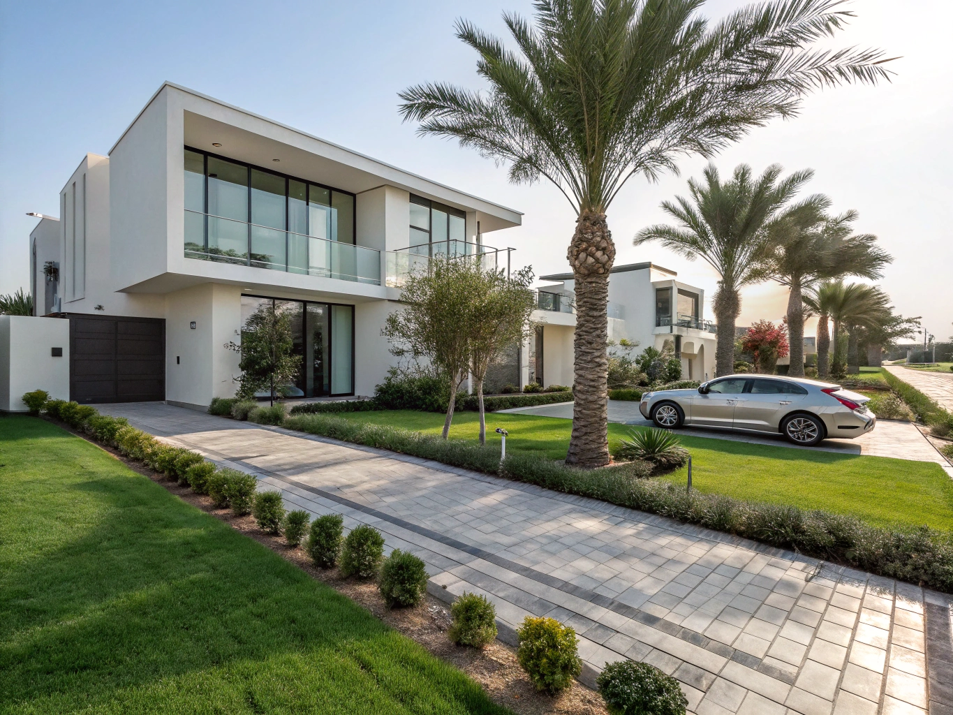 Contemporary architectural facade of a green-lawn townhouse in Dubai Hills