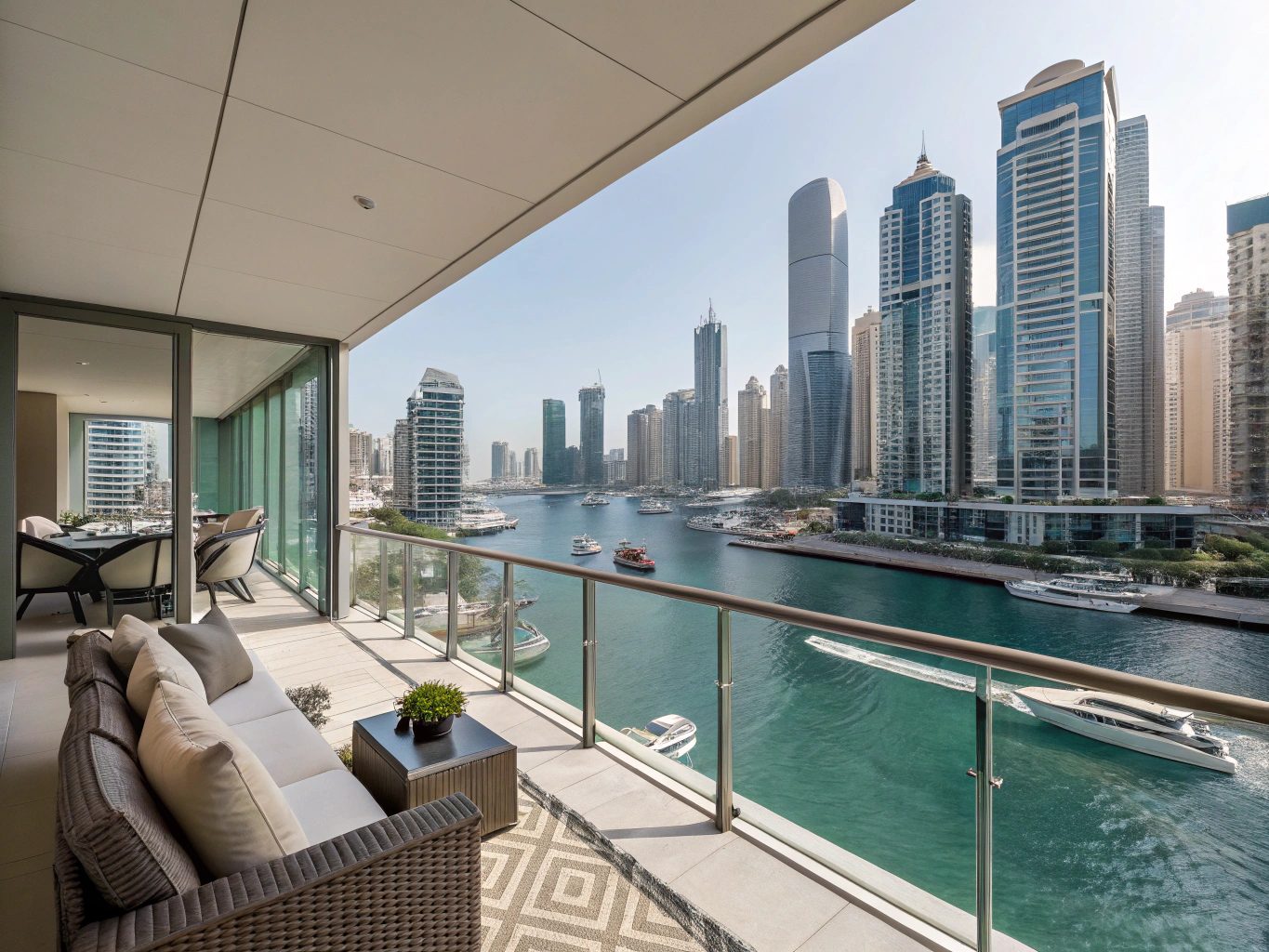 High-floor apartment balcony overlooking Dubai Marina yachts and promenade