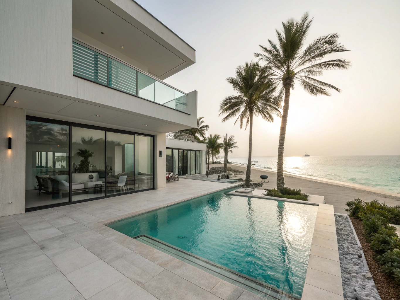 Modern beachfront villa exterior with private pool on Palm Jumeirah